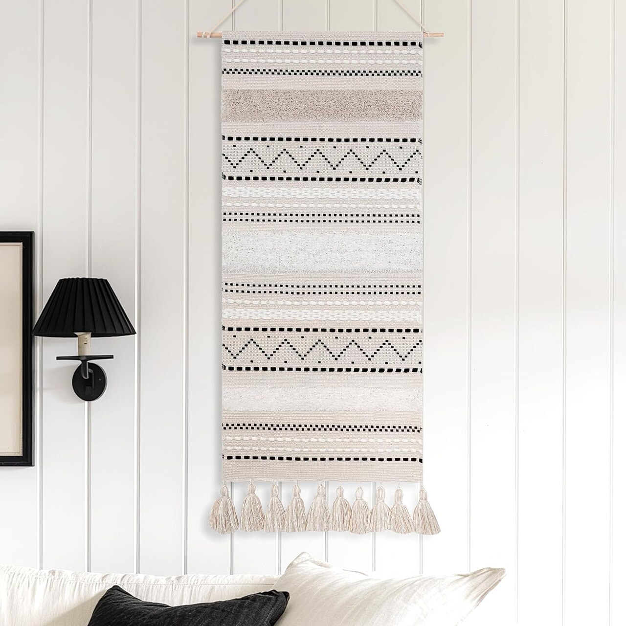 Boho Woven Wall Hanging Tapestry – Handmade Black, Beige & Cream Tassel Wall Art for Bedroom, Living Room, Dorm, Nursery, or Apartment, 16" x 39"